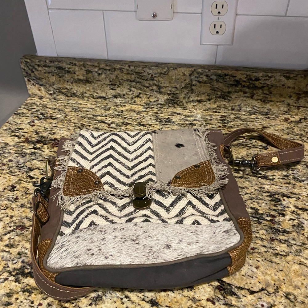 Myra Bag Brown and Cream Crossbody Bag with Leather Accents